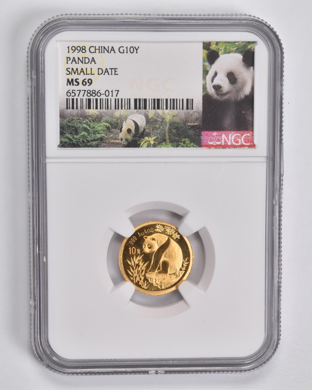 MS69 1998 China 10 Yuan 1/10 Oz. .999 Fine Gold Panda Small Date NGC *4193