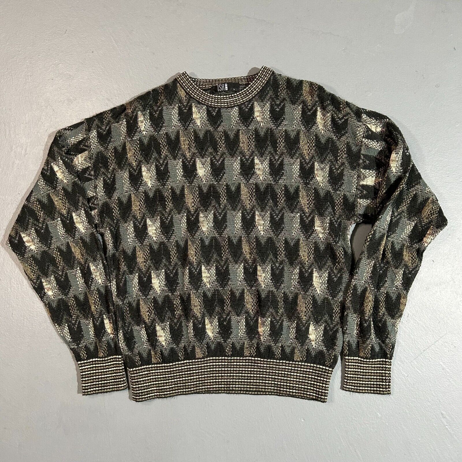 Vintage 90s Abstract Sweater Geometric Tsr Usa Sz L Gray Black Brown